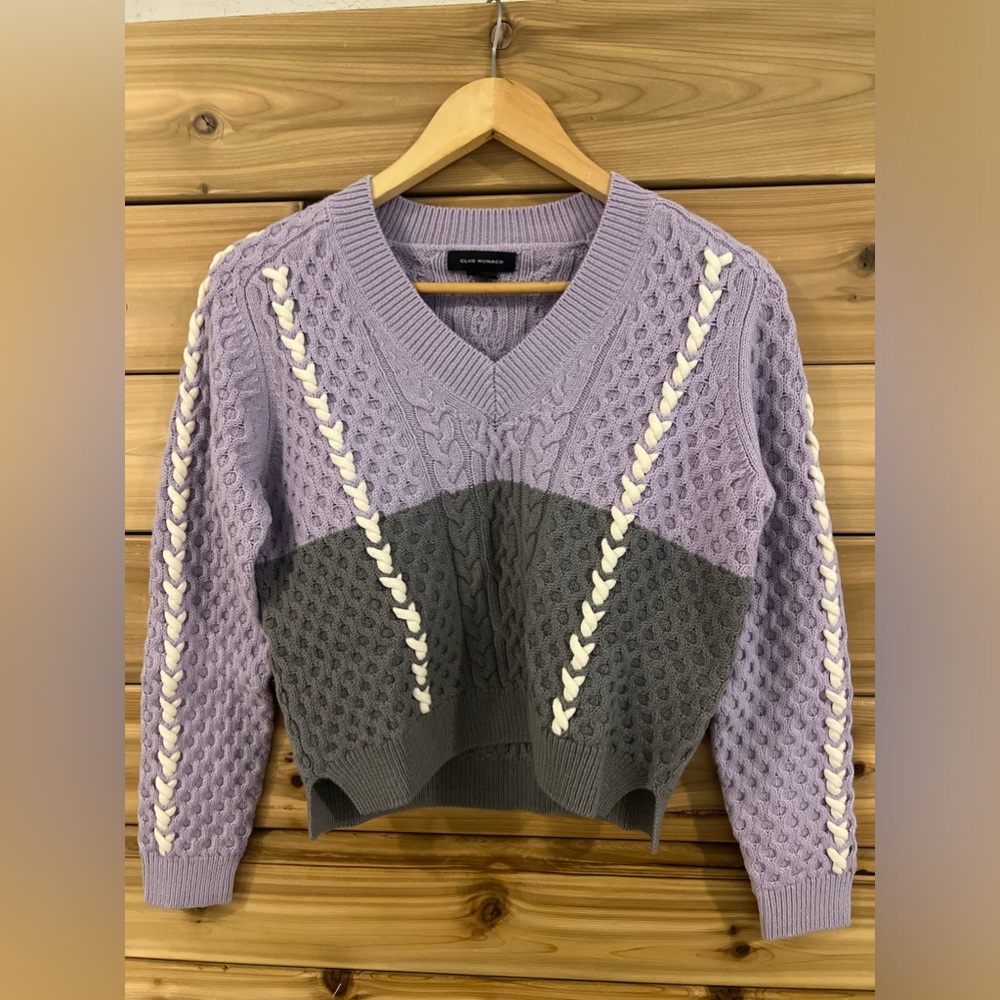 $269 Club Monaco Color Block Sweater Knit Wool V-Neck Purple Multi Women…